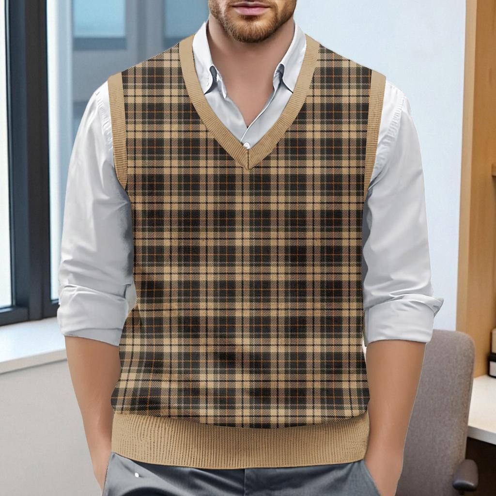 Мужской жилет без рукавов с клетчатым принтом и V-образным вырезом, вязаный джемпер