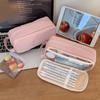 Pink Cloth Multilayer Pencil Case Large Capacity Solid Color Pencil Pouch  Kids Children