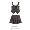 Kaslead New Women Clothes Western Style Fashion Frill off-Shoulder Top Pleated Skirt Two-piece Set