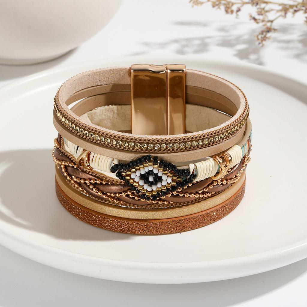 Bohemian , European And American Eye Rice Beads Hand-woven Leather Bracelet For Women, Jewelry
