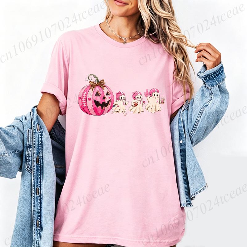 Pink Pumpkin Ghost Tee Shirts Breast Cancer Halloween Shirt T-Shirts in October We Wear Pink T-Shirts Short Sleeve Women's Tops