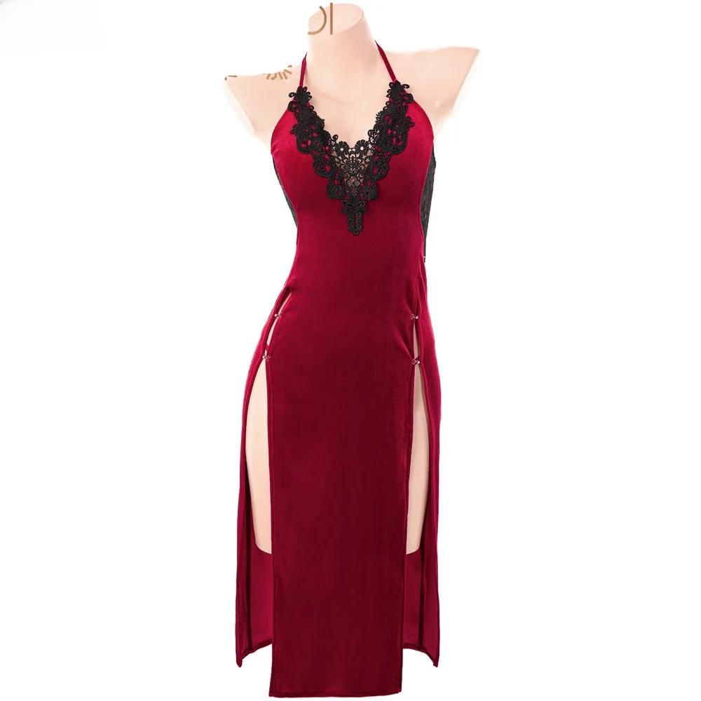 Sexy Superhero Women V Neck Long Lace Velvet Dress Cosplay Costume Erotic Movie Uniform Outfits