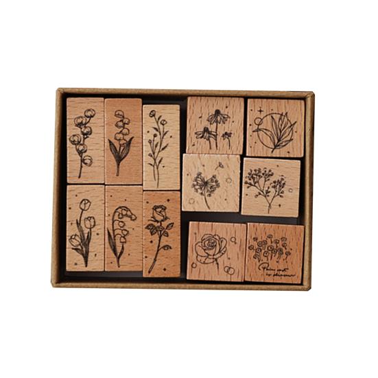 12 Pcs Vintage Wood Rubber Stamp Universe Letters Number Flowers Retro Stamp Set for DIY Art Craft Journals Scrapbooking Planner Card Making