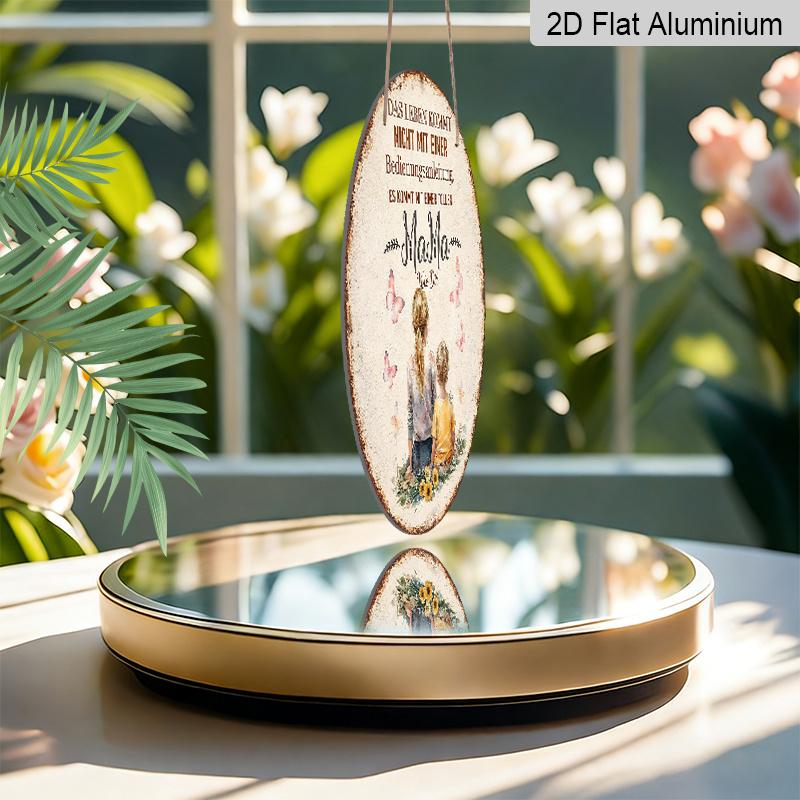 2D Flat, 1pc Round Aluminum Hanging Sign - German "Mama" Quote Watercolor Mom & Child Vintage Metal Wall Art, Butterfly Sunflower Design, Perfect for