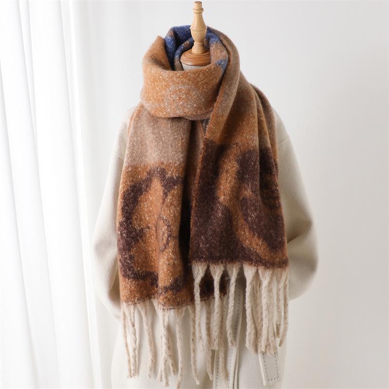 Flower Pattern Winter Warm Women Scarf Simple Soft Faux Cashmere Blanket Wrap Shawls Foulard Pashmina Neckerchief Poncho Tassel