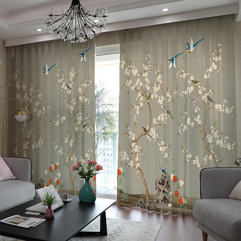 2 шт. Китайские шторы с цветочным и птичьим принтом и очаровательным пейзажем для гостиной, балкона, окон от пола до потолка и спальни