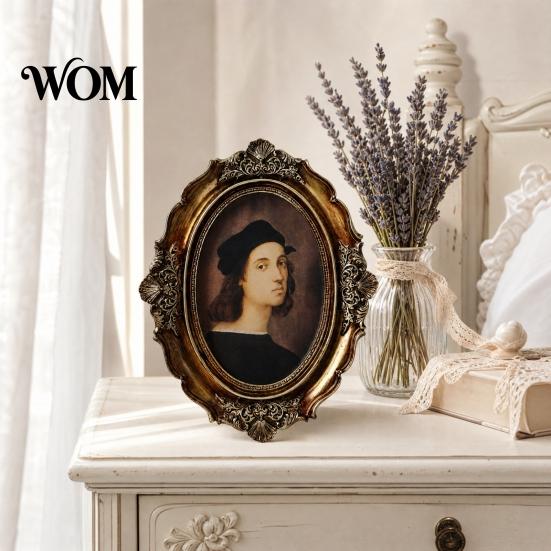 Matte Wood-like Frame Vintage Oval Picture with Embossed Design, Tabletop/Wall Mount Photo Retro for Home, Gallery Wall Decor Style