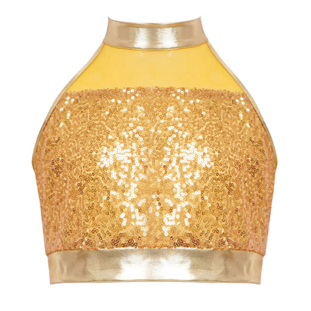 Girls Sleeveless Mock Neck Dance Crop Top Glitter Sequin Patchwork Keyhole Back Design Performance Top