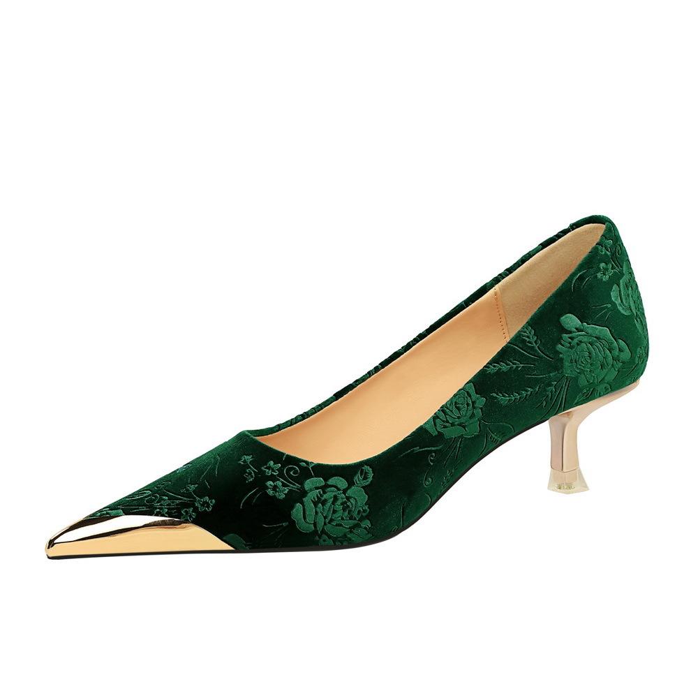 Women's Shoes with Thin Heel, Shallow Metal Pointed Toe, Flower Embossed Velvet, and Western Velvet Sole