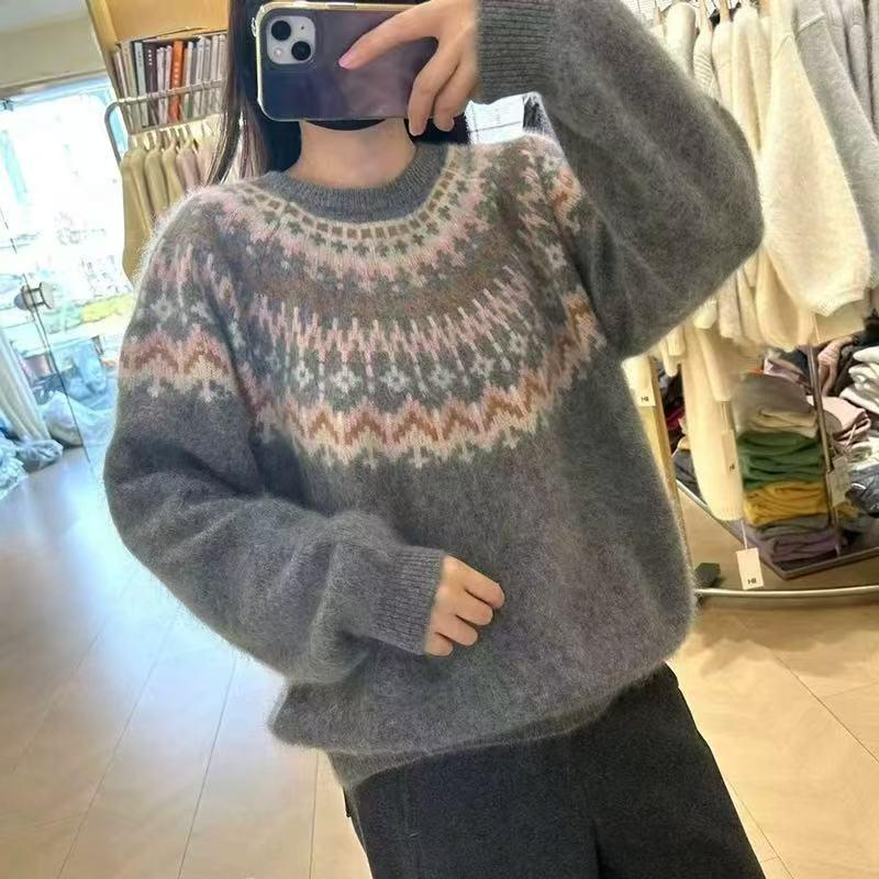 Женский вязаный свитер с жаккардовым узором Fair Isle, с начесом, с полувысоким круглым вырезом, смесовый кашемир-шерсть, идеально подходит для многослойности