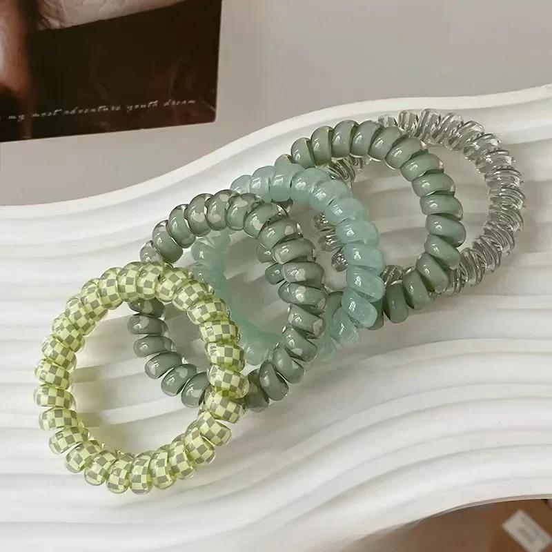 5pcs Set Telephone Cord Scrunchies Spiral Hair Ties Gradient Color Checkered Print Phone Cord Elastic Hair Band Hair Accessories