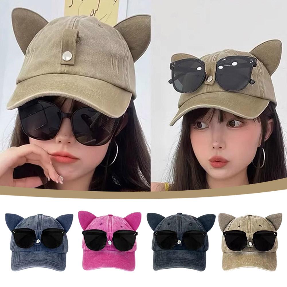 Весна и лето Новые милые солнцезащитные очки с кошачьими ушками бейсболка и женская уличная хип-хоп солнцезащитная кепка Mal I5B5