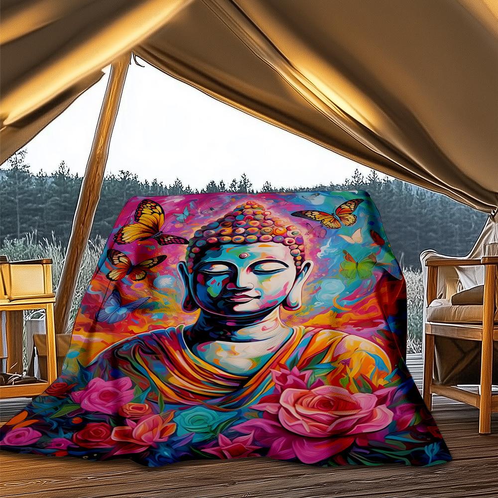 1pc Buddha Art, Butterfly Throw Blanket Polyester Fiber, Lightweight Flannel, Soft & Warm, All Season Use for Outdoor, Camping Digital Print