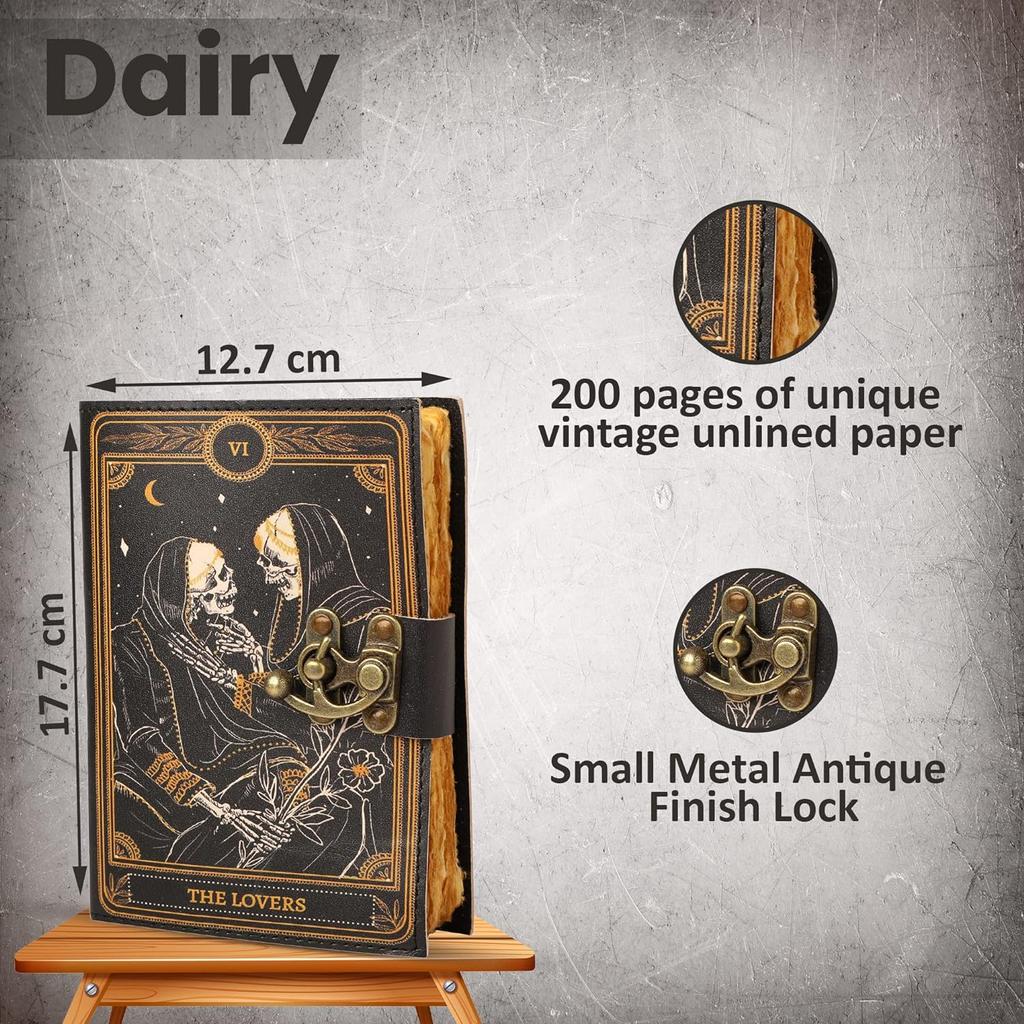 Book of Spells Leather Journal Deckle Edge Paper Journal The Lovers Tarot Notebook Spiral Gothic Notebook Skull Lover Antique Vintage Leather Journal