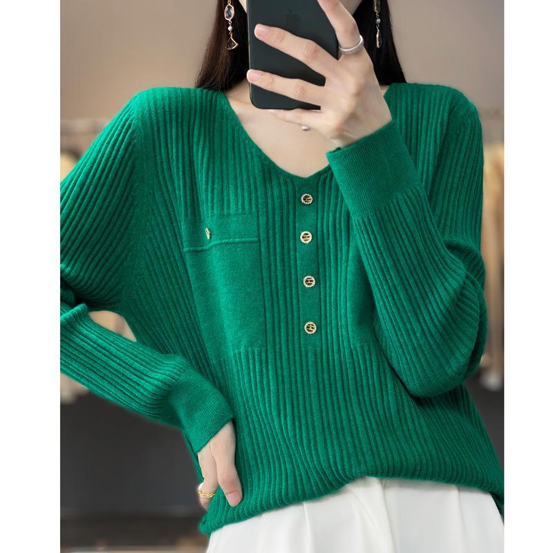 DAFIFY Women's Fashion Casual Fall Winter Solid Color Print Long Sleeve V-Neck Sweaters