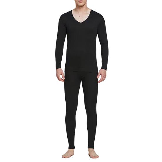 2 шт./компл., мужской однотонный комплект термобелья, двусторонний замшевый топ с v-образным вырезом и длинными рукавами, облегающий комплект с высокой талией и длинными брюками