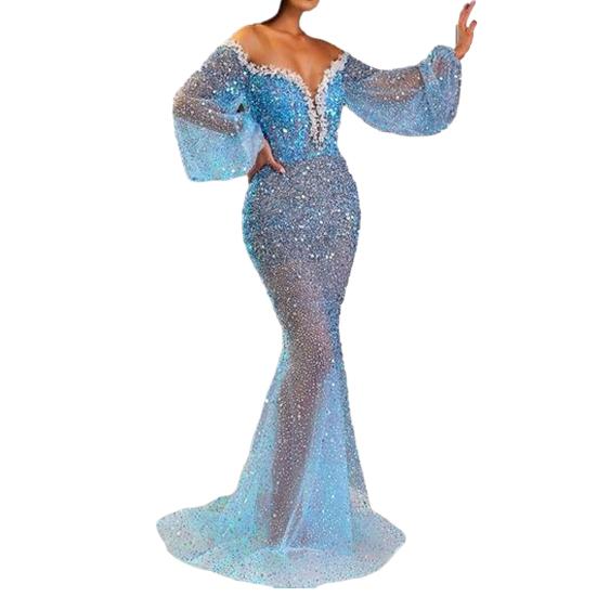 Women Elegant Gown Dress Off Shoulder V-neck Puff Long Sleeve Floor Length Dress Sequins Decor See-through Elegant Vintage Dress