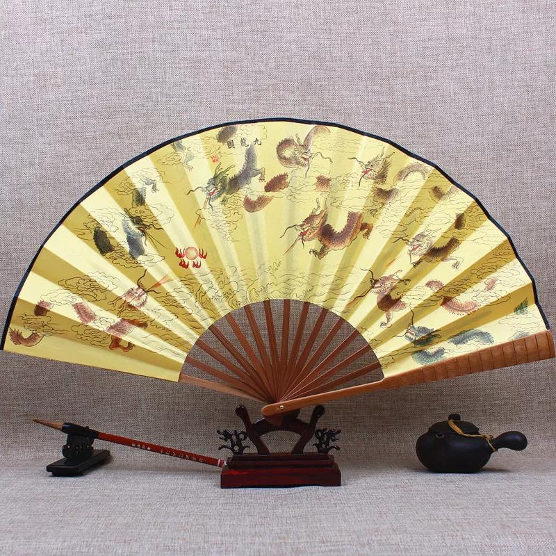 Китайский стиль Веер Мужской Архаичный Складной Веер 10-дюймовый Шелковый Большой Шелковый Веер Классический Резьба Складной Веер Тканевый Ретро Летний