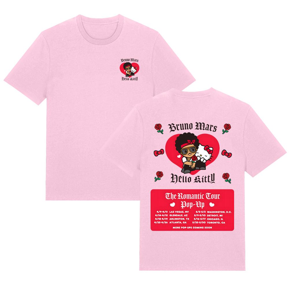 Bruno Mars x Hello Kitty The Romantic Tour 2026 Pop-Up Cities List Kicks Off In Las Vegas NV Two Sided Print T-Shirt women women Cotton O-Neck top