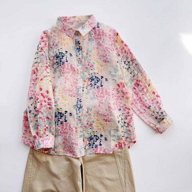 Весенние женские винтажные рубашки с цветочным принтом, повседневные рубашки с длинным рукавом, свободные женские топы, рубашки