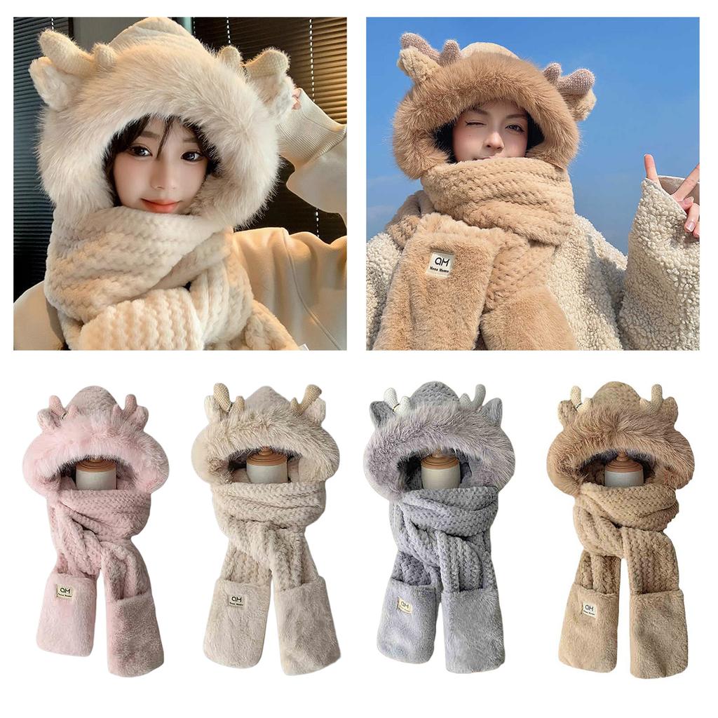 Furry Scarf Hat Gloves Set for Women Outdoor Sports Furry Soft Hat Thickened Headgear Hat for Winter Sports