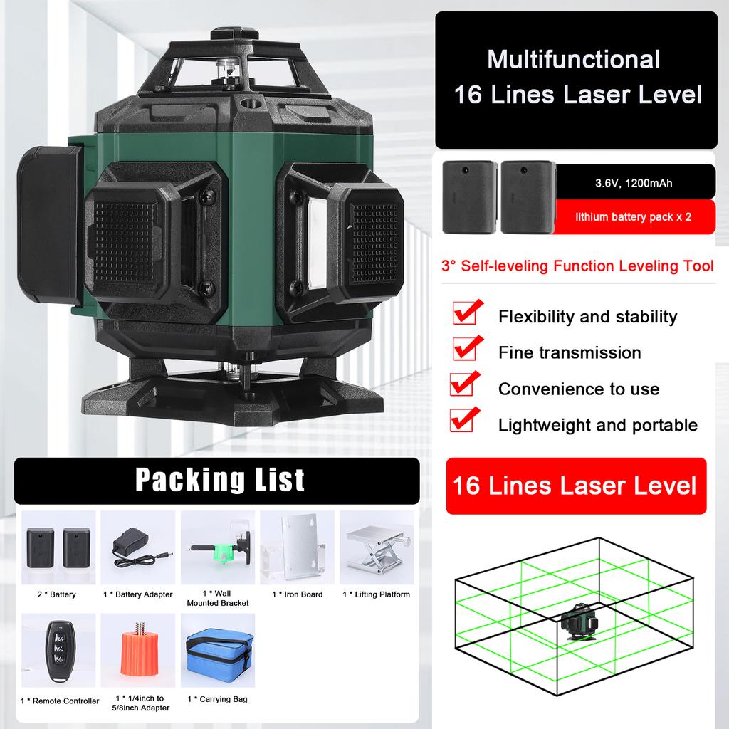 Multifunctional 16 Green Lines Laser Level 3 Degrees  Self-leveling Function Leveling Tool Omnidirectional