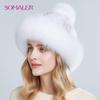SOMALER Natural Mink Fur Hats for Women Winter Fox Fur Caps with Pompom Fashion Style Beanie for Ladies