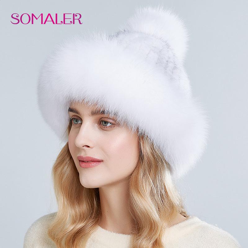 SOMALER Natural Mink Fur Hats for Women Winter Fox Fur Caps with Pompom Fashion Style Beanie for Ladies