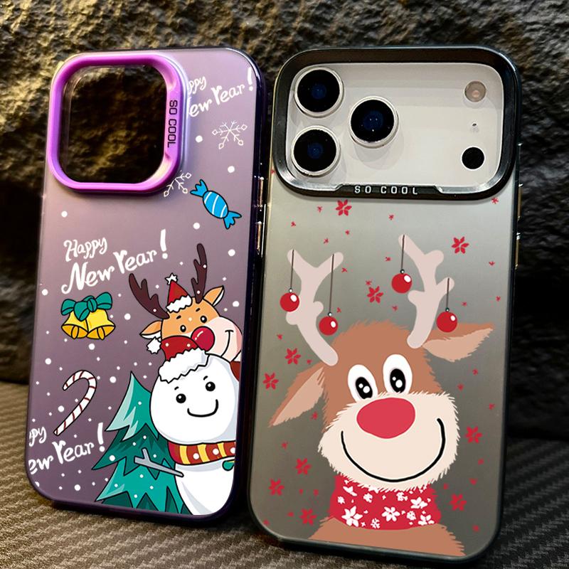 Plush Reindeer and Christmas Snowman Design IMD Hard Case For iPhone 17 Pro Max Air 16 15 14 13 Shockproof Cover