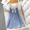 Girls Fashion Dress 2025 Summer Kids Casual Patchwork Fake Two Dresses