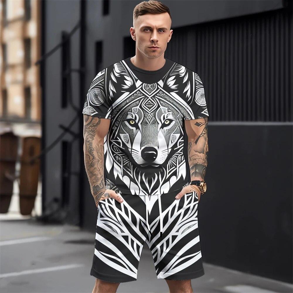 Летние мужские комплекты футболок, модная одежда с 3D принтом животных, необходимая одежда для мужчин, повседневный спортивный костюм, спортивный костюм из двух предметов для бега, спортзала