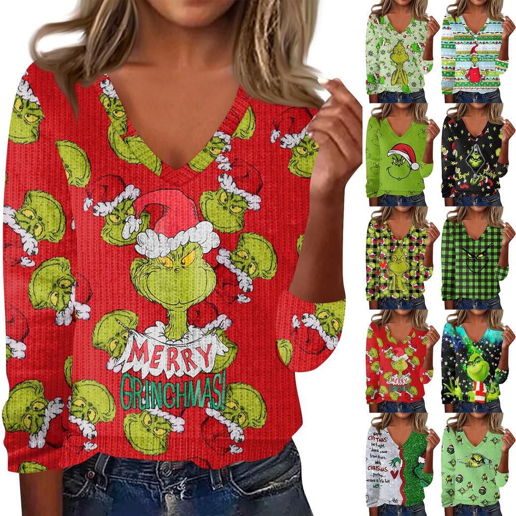 Women's Cute Sweatshirt Knitted Fashion Casual V-neck Long-sleeved Cozy Print Top