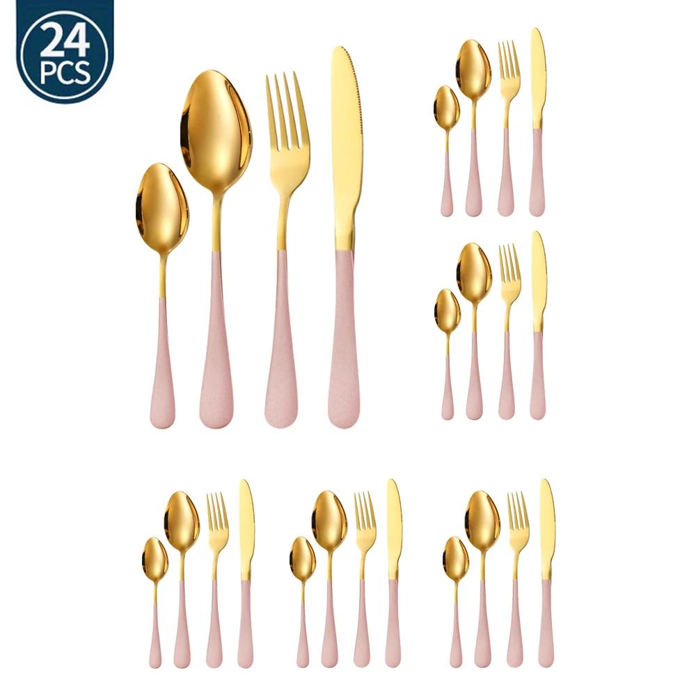 24Pcs Green Gold Tableware Set Stainless Steel Cutlery Kitchen Dinnerware Knife Fork Spoon Restaurant Wedding Flatware Set