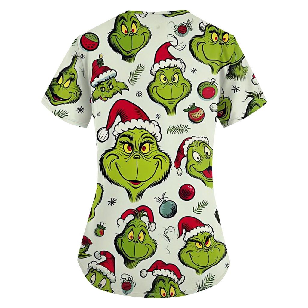 Women's Christmas Printing Uniform Work Uniform V-Neck Pocket Protective Work Uniform