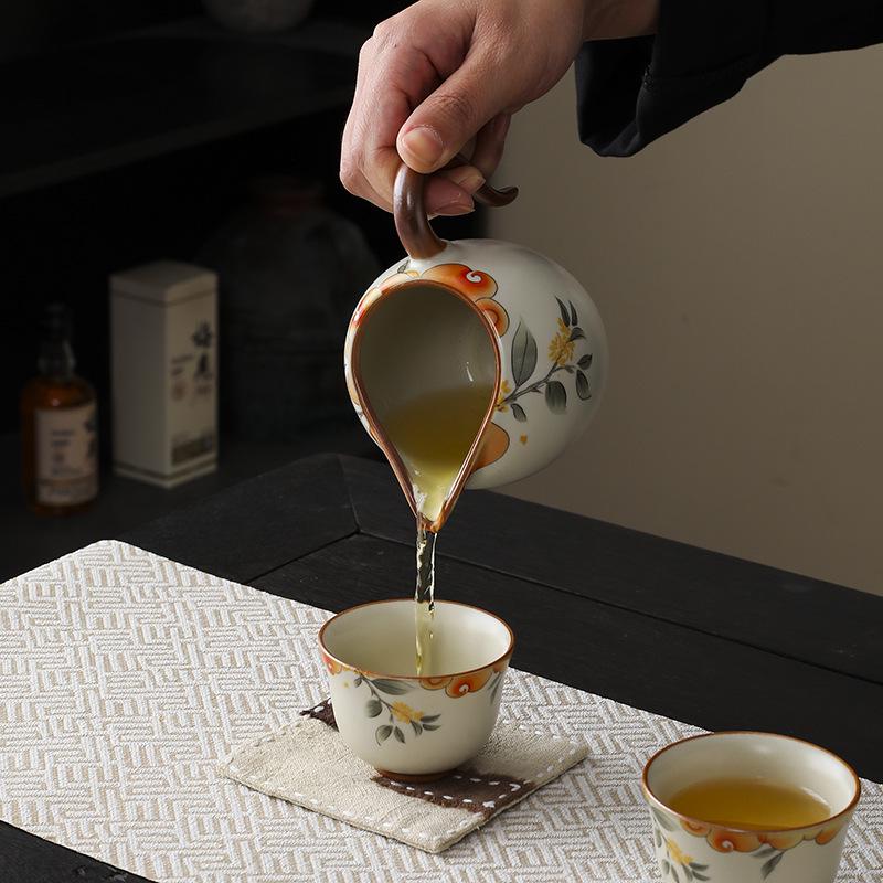 Beige Ru Ware Ceramic Kung Fu Tea Set: Teapot & Teacups in Gift Box for Holiday or Business Souvenir