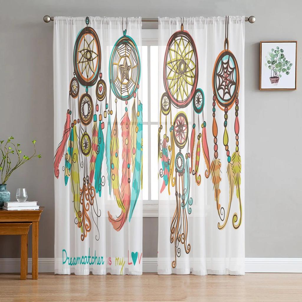 Dream Catcher Watercolor Feather Pattern Modern Tulle Curtains for Living Room Bedroom Home Kitchen Window Sheer Curtains