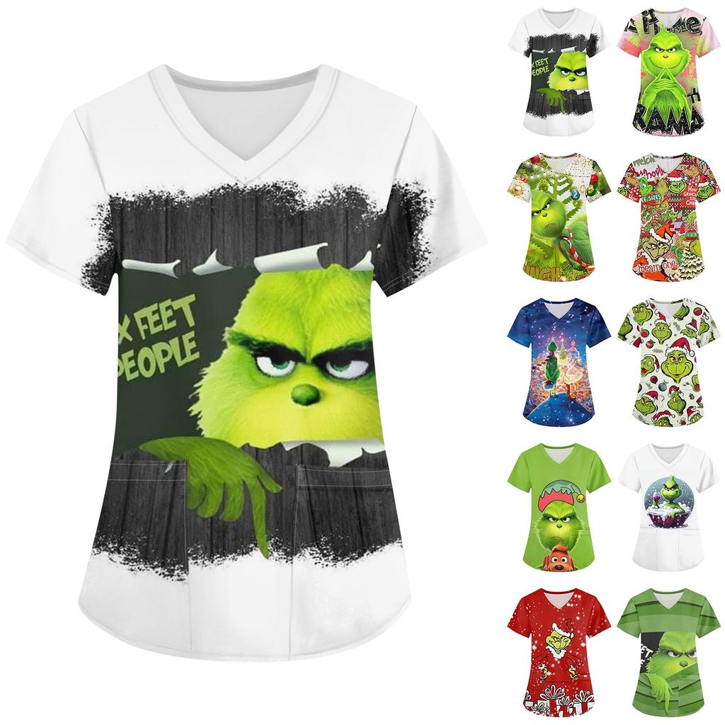 Women's Christmas Printing Uniform Work Uniform V-Neck Pocket Protective Work Uniform