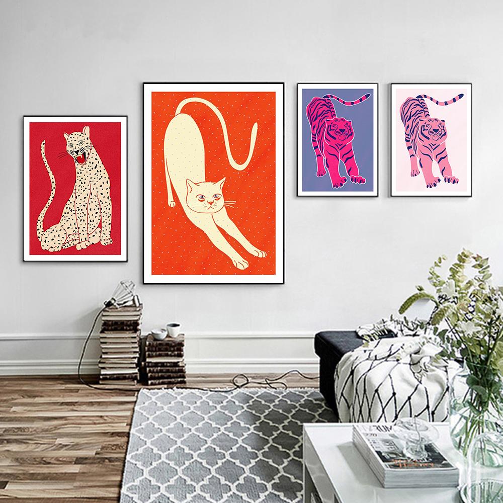 Nordic Abstract Animal Poster Красный Розовый Зеленый Тигр Не Теряет Сон Картина На Холсте Настенная Живопись Печать Картины Спальня Домашний Декор