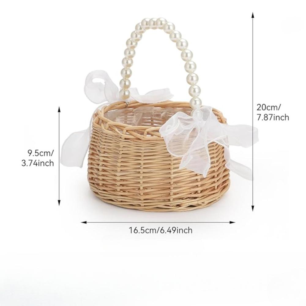 Elegant Wedding Flower Girl Basket with Pearl Handle and Ribbon Bow, Bowknot Satin Flower Basket for Wedding, Rustic Handwoven Wicker Flower, (1PCS)