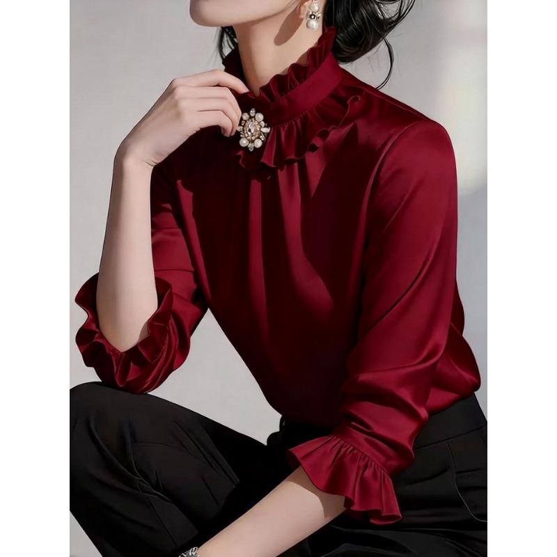 Women ruffled stand collar satin three quarter sleeve shirt multi color slim fit rhinestone pearl brooch office elegant blouse