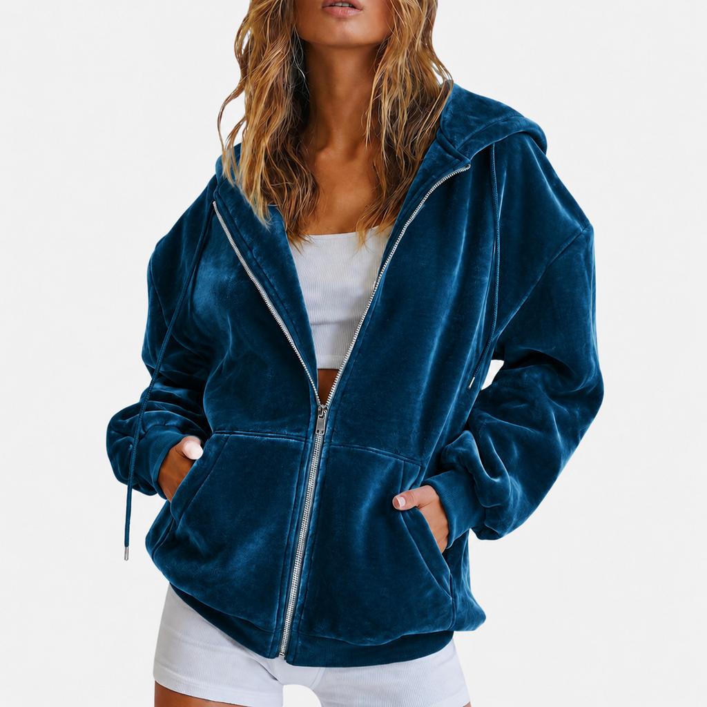 European and American golden velvet hooded sweater autumn and winter loose zipper cardigan jacket casual top