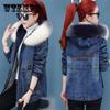 Winter Plus Velvet Demin Parka Women Zipper Letter Embroidery Hooded Denim Jacket with Faux Fur Collar Outerwear Warm Coat
