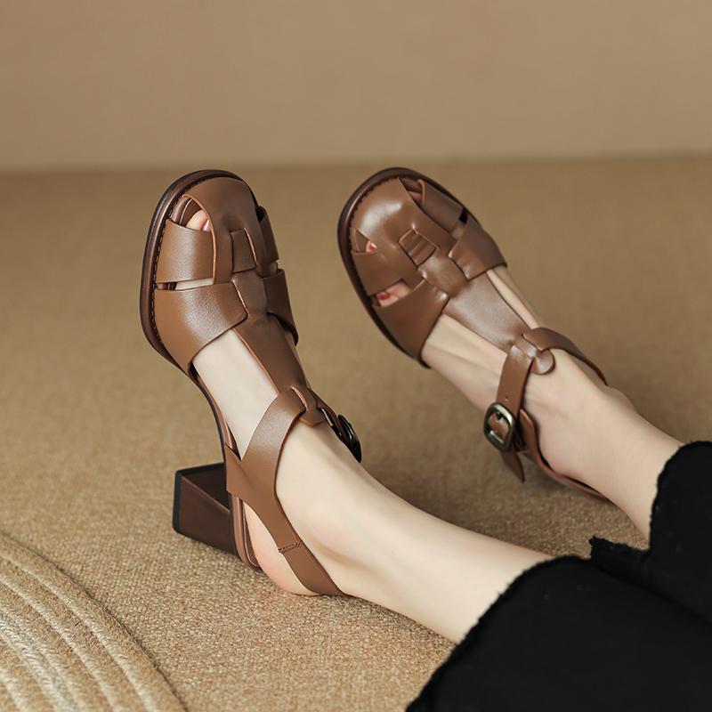 2024 Новый размер 34-43 пряжка натуральная кожа ретро сандалии женские толстые высокие каблуки сандалии лидер продаж женская обувь на высоком каблуке летняя обувь