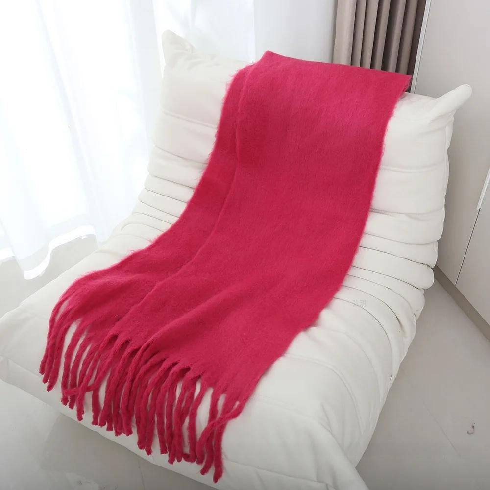 Thickened Extended Solid Color Scarf Women's Autumn Winter Korean Style Angora Student Shoulder Wrap Neck Warmer Pink Macaron