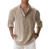 Men's Casual Cotton and Linen Henley Shirt with Roll-Up Sleeves