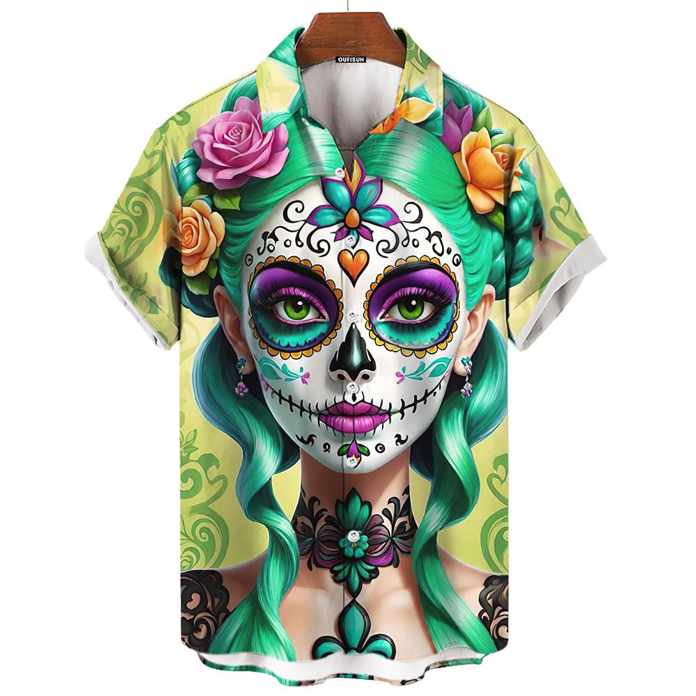 Рубашка с изображением Дня мертвых, мужские рубашки с изображением черепа, 3D-принт с коротким рукавом, ретро-свободная мужская одежда больших размеров, праздничная одежда