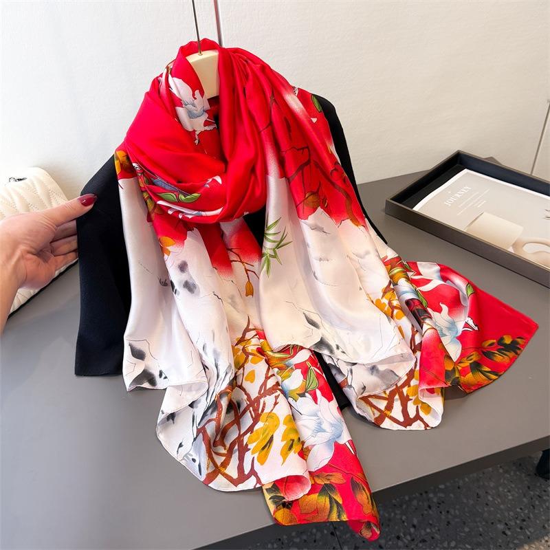 New Printing Simulation Silk Brocade Sunscreen Contrasting Color Flower Silk Scarf Long Scarf Shawl Versatile Headscarf Scarf