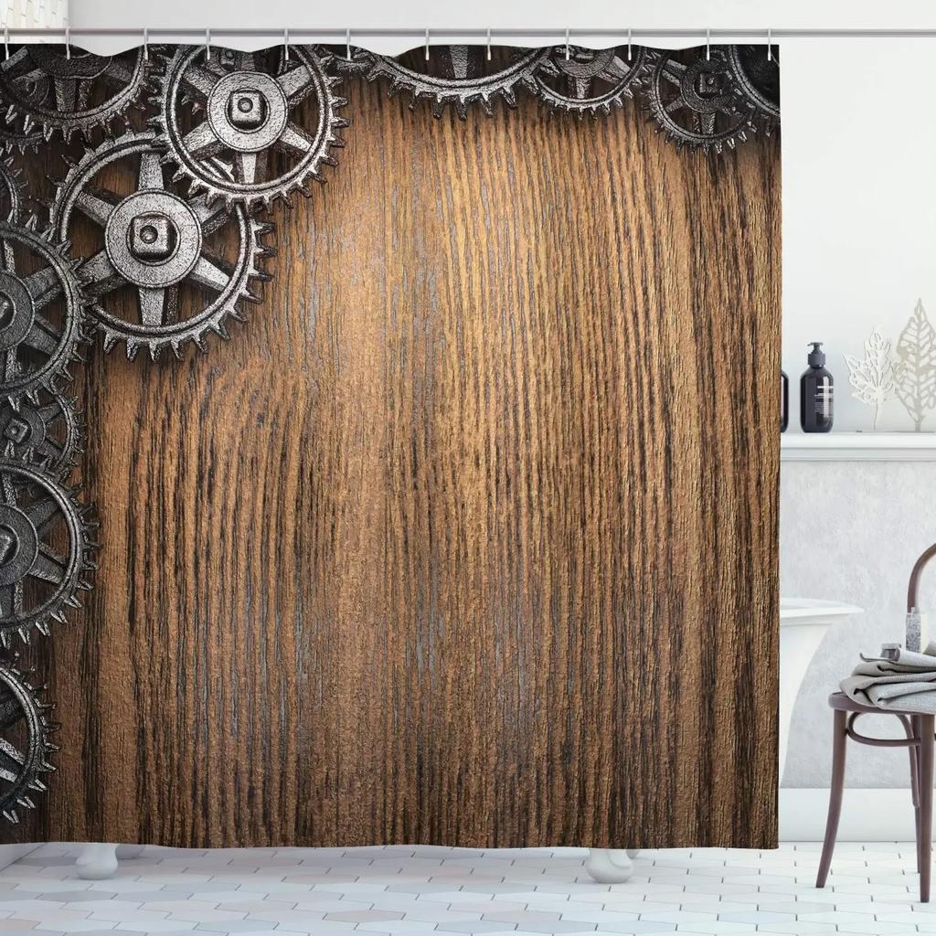 Retro Steampunk Clocks And Gears Shower Curtain Mechanical Clocks Details Over Old Metal Cloth Fabric Bathroom Curtain Set,Hooks