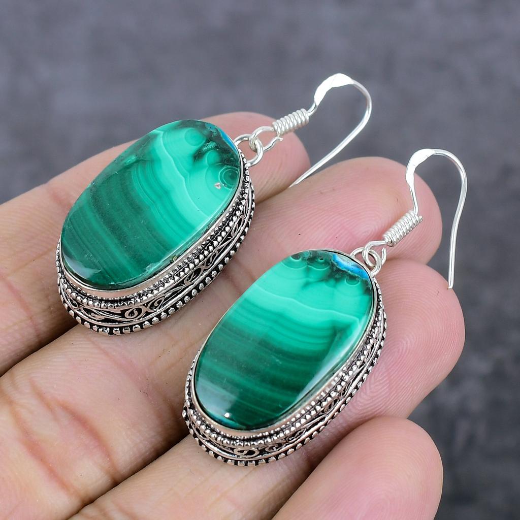 Малахит Драгоценный Камень 925 Стерлинговое Серебро Ювелирное Изделие Серьга 1.85"