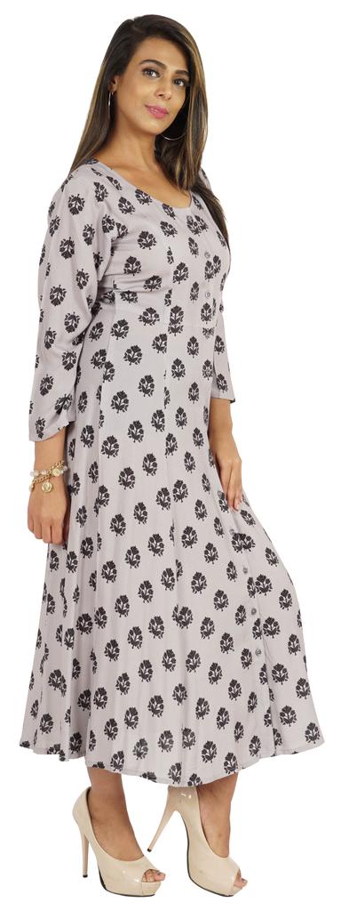 Bimba Printed Maxi Dress For Women Front Button Placket Ethnic Dress Casual Rayon